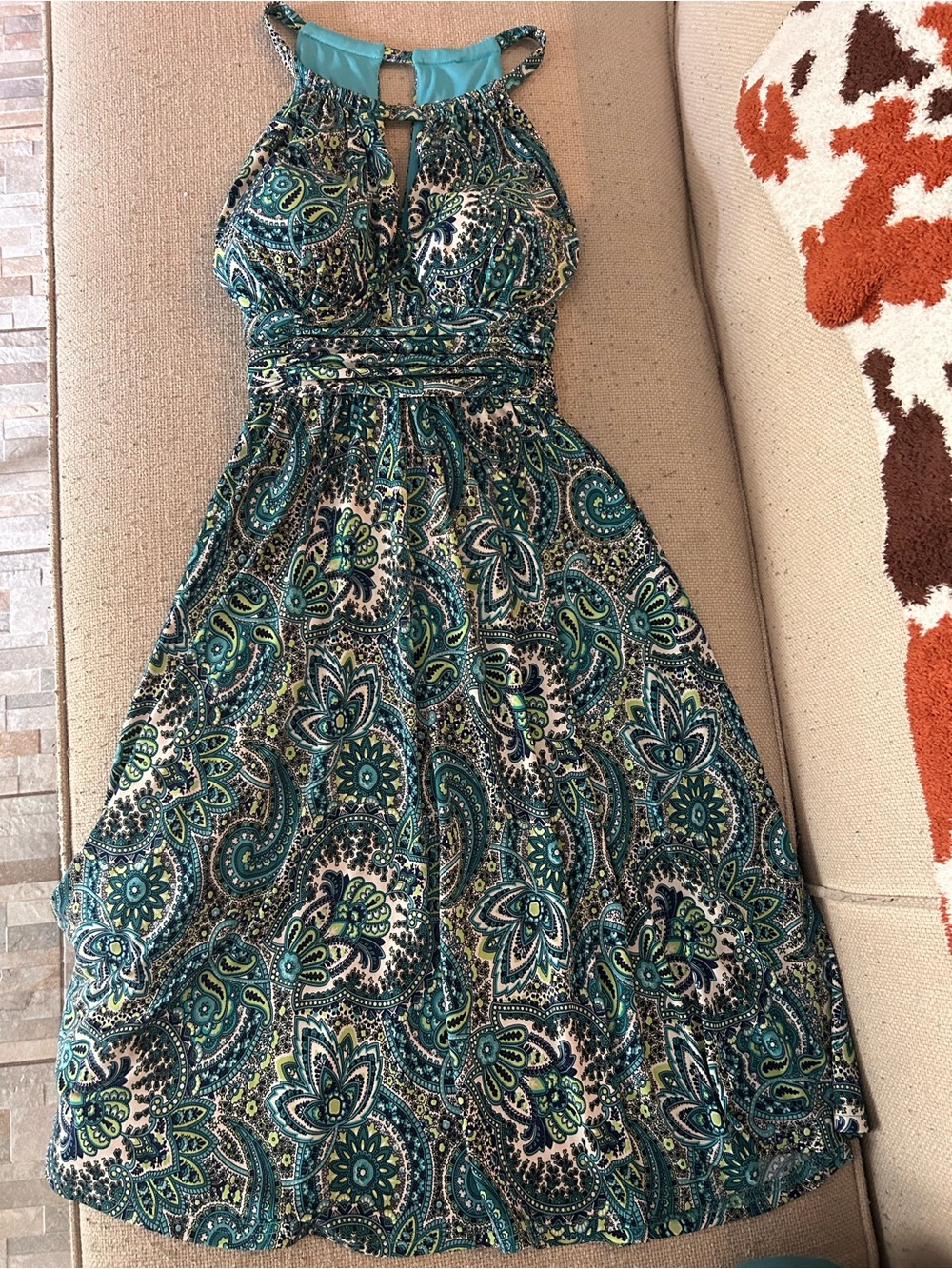 Teal Paisley Halter Midi Dress with Ruched Waist